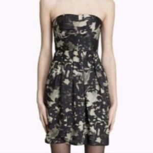 Theory Strapless Black & Pale Green Abstract Print Silk Dress, Size 2